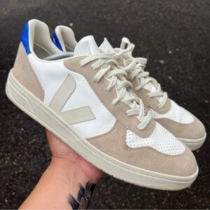 Veja White and Tan Sneakers with Blue Accent